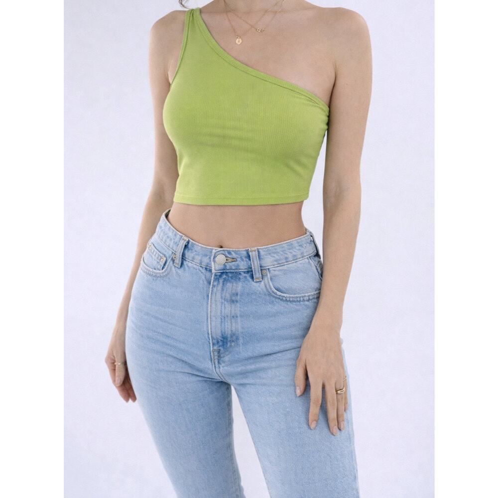 Women’s Lime Green One Shoulder Crop Top Ribbed Asymmetrical Fitted Tank Size XS